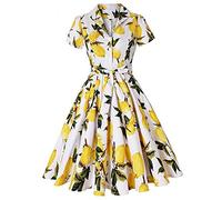 FYMNSI Robe vintage des années 1950 pour femme - Style rockabilly - Style Hepburn Swing Pin Up - Jupe plissée - Jupon - Manches courtes - Robe de soirée - Robe de bal, Jaune citron, M