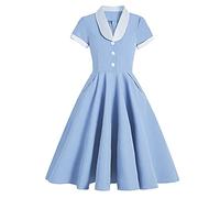 FYMNSI Robe vintage des années 1950 pour femme - Style rockabilly - Style Hepburn Swing Pin Up - Jupe plissée - Jupon - Manches courtes - Robe de soirée - Robe de bal, bleu clair et blanc, S