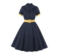 FYMNSI Robe vintage des années 1950 pour femme - Style rockabilly - Style Hepburn Swing Pin Up - Jupe plissée - Jupon - Manches courtes - Robe de soirée - Robe de bal, bleu marine, L