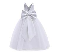 FYMNSI Robes de demoiselle d'honneur pour filles, col en V, nœud dans le dos, tulle, robe longue pour enfants, robe de soirée formelle, robe de bal, première communion, blanc, 7-8 ans