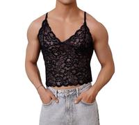 FYMNSI Sous-vêtements pour Homme Sissy, Débardeur Sexy en Dentelle, Sans Manches, Col en V, Top Tank, Veste, Sous-vêtement, Sous-Chemise, M-2XL, Noir , M
