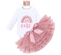 FYMNSI Tenue Anniversaire 1 An Fille Bébé Boho Arc-en-ciel 1er D'un An Coton à Manches Longues Barboteuse Body Princesse Tutu Tulle Jupe Fleur Bandeau 3pcs Ensemble Automne Hiver Rose + Blanc 1 An