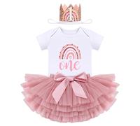 FYMNSI Tenue Boho Arc-en-ciel 1er Anniversaire Pour Bébé Fille D'un An Coton à Manches Courtes Barboteuse Body Princesse Tutu Tulle Jupe Fleur Bandeau 3pcs Ensemble Été Rose + Blanc 1 An
