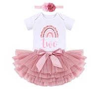 FYMNSI Tenue Boho Arc-en-ciel 2ème Anniversaire Pour Bébé Fille Deux Ans Coton à Manches Courtes Barboteuse Body Princesse Tutu Tulle Jupe Fleur Bandeau 3pcs Ensemble Été Rose 2ème anniversaire 2 Ans