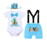 FYMNSI Tenue de fête d'anniversaire pour bébé garçon - En coton - À manches courtes - Avec short et bretelles - Pour séance photo, bleu, 12-18 mois
