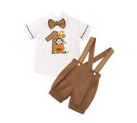 FYMNSI Tenue de gâteau d'anniversaire pour bébé garçon - Motif animal de safari - Manches courtes - Nœud papillon - Chemise à bretelles et short, marron, 12-18 mois