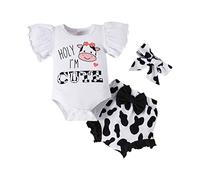 FYMNSI Tenue de Vêtements pour Bébé Nouveau-né Filles Ete Ensemble, Manche Courte Body Barboteuse et Short Imprimé Fleur et Bandeau Vaches 0-3 Mois
