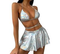 FYMNSI Tenue rave pour femme - Jupe à pompons métallisée - Soutien-gorge holographique - Pour festival, danse, club, fête, Ensemble mini jupe argentée, M