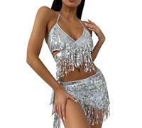 FYMNSI Tenue rave pour femme - Jupe à pompons métallisée - Soutien-gorge holographique - Pour festival, danse, club, fête, Ensemble de soutien-gorge en argent avec croix, S
