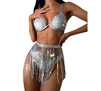 FYMNSI Tenues raves pour femme - Jupe à pompons métalliques - Soutien-gorge holographique - Ensemble pour festival, danse, clubwear, fête, Laser argenté., L