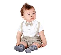 FYMNSI Vêtements Bébé Garçon Baptême Gentilhomme Nouveau-né Haut Chemise à Manches Courtes + Jarretelles Shorts + Nœud Papillon 3pcs Set Cérémonie Fête d'anniversaire Outfit Gris 6-12 Mois