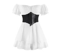FYMNSI Vêtements médiévaux pour femme - Costume gothique Renaissance rétro - Épaules dénudées - Mini-robe avec ceinture - Corset - Pirate - Cosplay - Steampunk, Combinaison blanche, XL