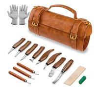 Fynokst Sculpture Bois Kit, 15 in 1 Pack Outils Deluxe contiennent des Couteaux à Tailler, Gouge a Bois, Gants, Pâte à Polir, un Sac en Cuir, pour Débutants/Professionnels