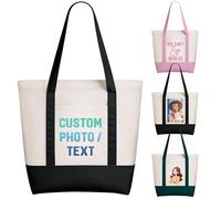 Fyore Sacs fourre-tout personnalisés avec texte photo, sac fourre-tout en toile personnalisé en vrac avec une poche extérieure, sac d'épicerie réutilisable pour un usage quotidien