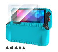 FYOUNG Une-pièce Coque en Silicone pour Nintendo Switch 2(2025) avec 2 films en verre trempé - 3-en-1 Kit d'accessoires pour Switch 2 avec 8 Capuchon de Joystick - Bleu