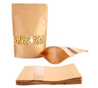 Fyrdm 25 Pièces Sachet Kraft Alimentaire Réutilisables, 20x30 cm Doypack Kraft, Petits Sacs en Papier Kraft Refermables avec Fenêtre, pour Grains de Café, Noix, Collations, Feuilles de Thé, Épices