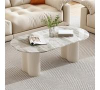 FYRDTNG Table Basse Ovale Moderne, Plateau en Pierre frittée avec Base nervurée, Table de Salon Minimaliste, Résistante aux Rayures & Facile à Nettoyer(White-B,120cm/47.2in)