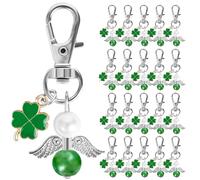 Fyshird Lot de 20 porte-clés ange gardien vert avec pendentif trèfle porte-bonheur - Cadeau d'adieu - Pour baptême, mariage, anniversaire, communion, confirmation