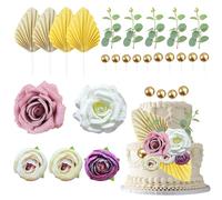 FYSL 24 Pcs Decoration Gateau Anniversaire, Bohème Décoration de Gâteau, Feuilles de Palmier, Fleurs, Boules, Deco Gateau Mariage, Deco Gateau de fleurs pour Fêtes de Famille