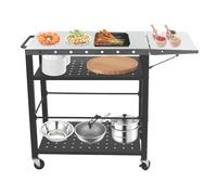 Fyssnn Chariot de barbecue à 3 étages en acier inoxydable avec plaque latérale pliable | Chariot de service et table de barbecue avec plan de travail | Chariot de cuisine avec roulettes | Support de