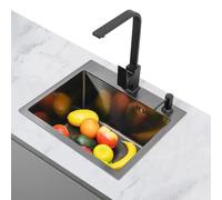 Fyssnn Évier de cuisine noir 40 x 45 cm en acier inoxydable avec robinet 180 °, bonde et distributeur de savon - Grand évier encastrable en acier inoxydable pour cuisine, bar, commerce