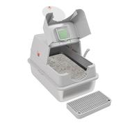 Fyssnn Litière pour chat en acier inoxydable avec couvercle, 28 l, fermée, avec sac à charbon actif et pelle, grande, pour chat jusqu'à 10 kg, anti-odeur, 60 x 40 x 39 cm, gris clair