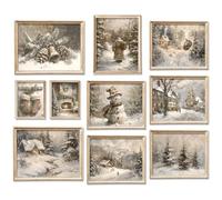 FYSUIMU Lot de 10 impressions d'art mural vintage de Noël rétro chaud paysage d'hiver - Poster rustique - Village enneigé - Décoration murale pour galerie, salon, chambre à coucher (sans cadre)