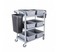 FytStycale Chariot Service à Trois Niveaux avec Bacs Latéraux Chariot Restauration à roulettes en Métal, Grand Modèle Gris, Six Bacs, Deux Seaux, Roues Silencieuses
