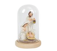 FytStycale Crèche de Noël Résine Figurines Saint Joseph Marie Enfant Jésus Éclairage LED Cloche Verre Base Bois Adaptée Bureau Chambre Salon Maison Bibliothèque, avec Lanterne