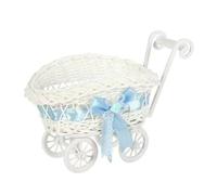 FytStycale Panier Décoratif Tressé Chariot Miniature à Roues et Poignée Poussée Corps Blanc Style Osier avec Nœud en Ruban et Finitions Dentelées pour Fleurs, Bleu
