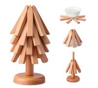 Fzaqwen Dessous de plat en bois pour plats chauds - 4 dessous de plat en bois de noyer en forme d'arbre pour casseroles et poêles chaudes, dessous de verre pliables résistants à la chaleur pour