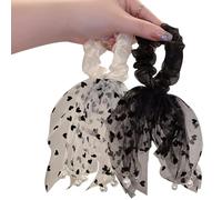 FZBNSRKO Lot de 2 chouchous avec nœud en ruban pour femmes, chouchous en mousseline de soie à motif floral/rétro/uni, accessoires pour femmes et filles (beige, noir)
