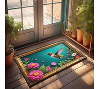 FZFN Cottage Core Decorations Tapis de bain à bords festonnés - Un colibri perché sur des fleurs roses vives dans un cadre orné, absorbant l'eau, profil bas, imperméable pour fléchettes (65 x 90 cm)