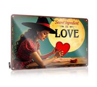 FZFN Décoration de cuisine amusante « Love as the Secret Ingredient : A Whimsical Witch's Journey » en étain - Décoration de porte de chambre à coucher - Panneau de grotte de petit homme (20 x 30 cm)