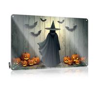 FZFN Décorations de porte de dortoir - Panneau mural rustique - Sorcière dans un cape noire entourée de Jack-o'-lanterns And Bats - 20 x 30 cm