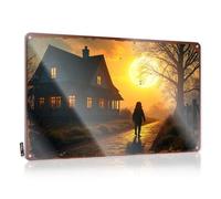 FZFN Décorations Funky Backyard Premium Fun Enfant marchant vers le coucher du soleil près d'un chalet confortable - Art facile à accrocher (20 x 30 cm)