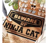 FZFN Fall Welcome Mat Beware Of Ninja Cat | Porte d'entrée intérieure - Rembourré/brun clair - Paillasson extérieur drôle, extérieur rond et extérieur en caoutchouc (65 x 90 cm)