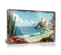 FZFN Funny Kitchen Plaque rétro en métal Monaco : un paradis côtier méditerranéen avec château et mer - Plaque en étain pour piscine et décoration extérieure (20 x 30 cm)