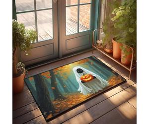 FZFN Ghost Holding A Glowing Jack-o'-Lantern In An Autumn Forest. Boho Area Front Door Outdoor - Tapis de salle de bain durable anti-fatigue (50 x 80 cm)