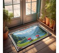 FZFN Lenzertheide Tapis de salle de bain extérieur à profil bas | Lenzertheide : une retraite de montagne sereine avec des amis sous la zone géométrique rouge Um lavable (65 x 90 cm)