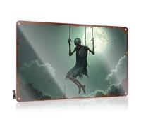 FZFN Mancave Accessories Panneau en étain pour homme Motif squelette effrayant se balançant sous une pleine lune 30 x 40 cm