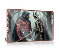 FZFN Panneau de bar en étain « A Daring Confrontation : The Red Cloaked Warrior Vs. Death » - Plaque en métal vintage pour homme (30 x 40 cm)