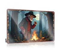 FZFN Panneau de bar pour décoration d'intérieur Old Man In Hat Smokes By Campfire Under Full Moon - Panneau en étain avec règles de bar (30 x 40 cm)