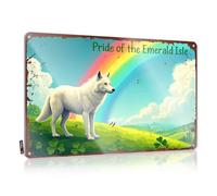 FZFN Panneau de rue amusant en étain avec loup blanc debout sur une colline verte avec arc-en-ciel en arrière-plan - Panneau d'avertissement pour porte de dortoir (30 x 40 cm)