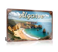 FZFN Panneau de terrasse amusant Algarve Coastal Beauty : A Dreamy Beachscape With Cliffs And Turqu - Plaque en étain vintage amusante - Décoration en métal (20 x 30 cm)