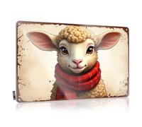 FZFN Panneau en métal amusant - Mouton confortable dans une écharpe à carreaux : portrait d'hiver chaud - Panneau en métal pour décoration murale amusante (20 x 30 cm)