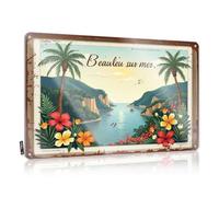 FZFN Panneau en métal vintage Beaulev Sur Mer : Paradis tropical avec palmiers et fleurs - Panneau en étain pour porte de chambre à coucher (20 x 30 cm)