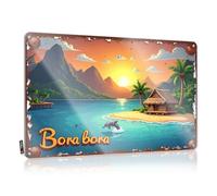 FZFN Panneau en métal vintage Bora Bora : Paradis tropical avec palmiers, montagnes et dolp - Panneau en étain pour porte de chambre à coucher (30 x 40 cm)