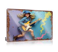 FZFN Panneau rétro en métal avec fille qui court avec guitare électrique : une aventure musicale vibrante - Panneau en métal amusant pour bar extérieur (30 x 40 cm)