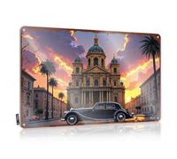 FZFN Plaque décorative en métal vintage avec inscription « Car In Front Of Grand Cathedral At Sunset » pour chambre de garçon (20 x 30 cm)